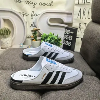 Adidas Samba أحذية كاجوال أبيض أسود مفتوحة الظهر مع أربطة Vamp