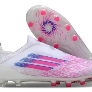 Adidas Zapatos de fútbol con cuello de calcetín blanco rosa cordones asimétricos para terreno firme