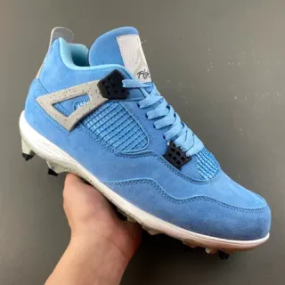 Tênis de basquete Air Jordan 4 azul e branco com cabedal em camurça clara e sobreposição de gaiola cinza salpicada