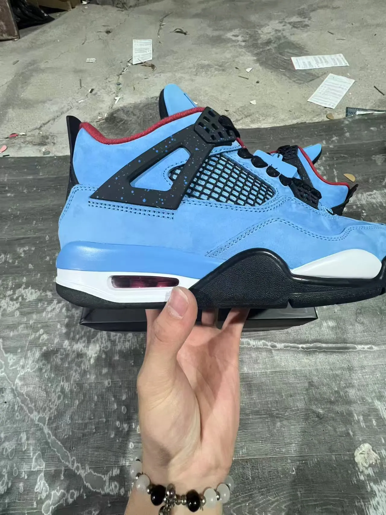 Air Jordan 4 Bleu Clair Daim Noir Blanc Rouge Chaussures de Basketball 12