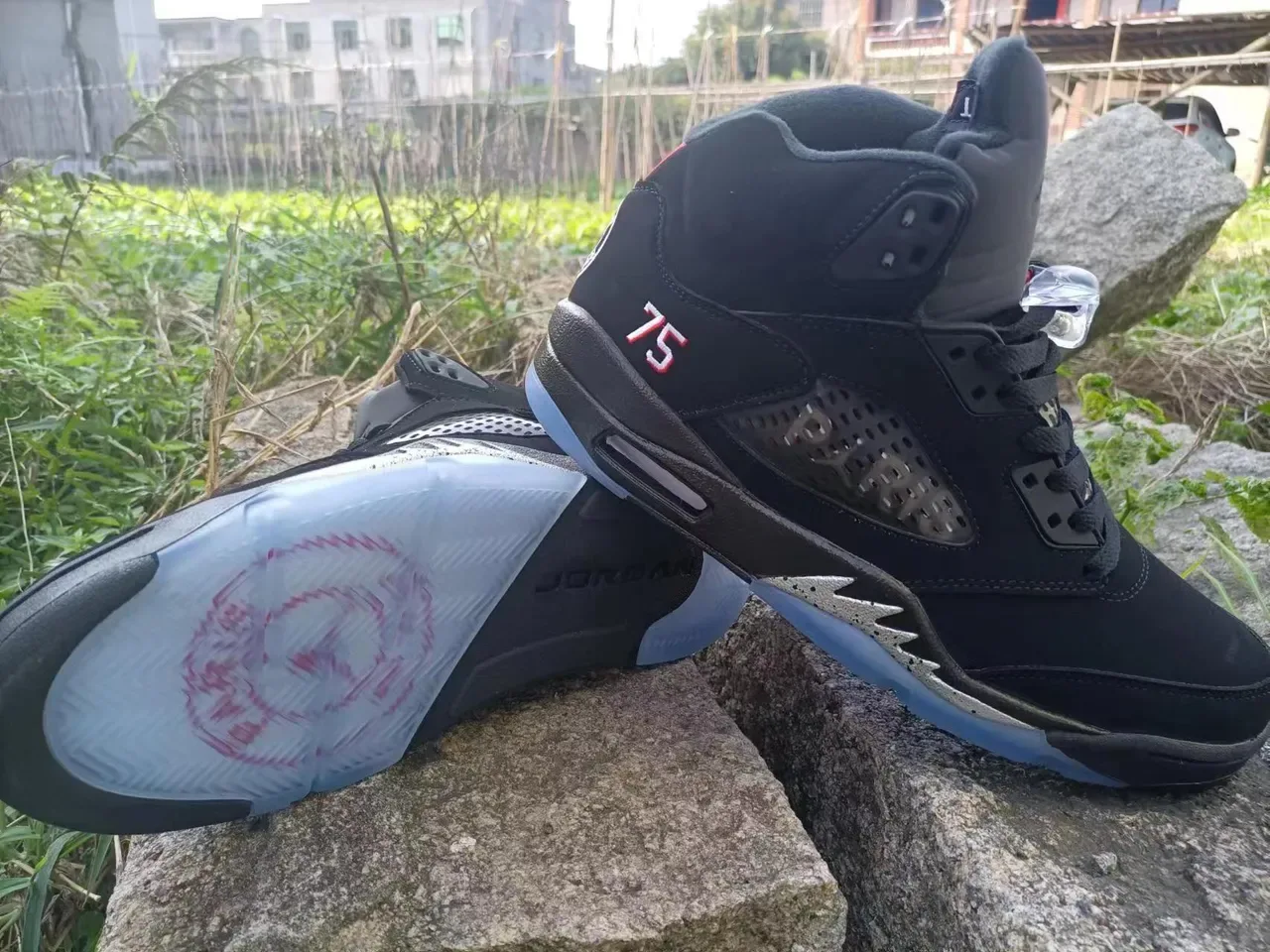 Air Jordan 5 Preto Azul Claro Vermelho '75' Tênis de Basquete 2