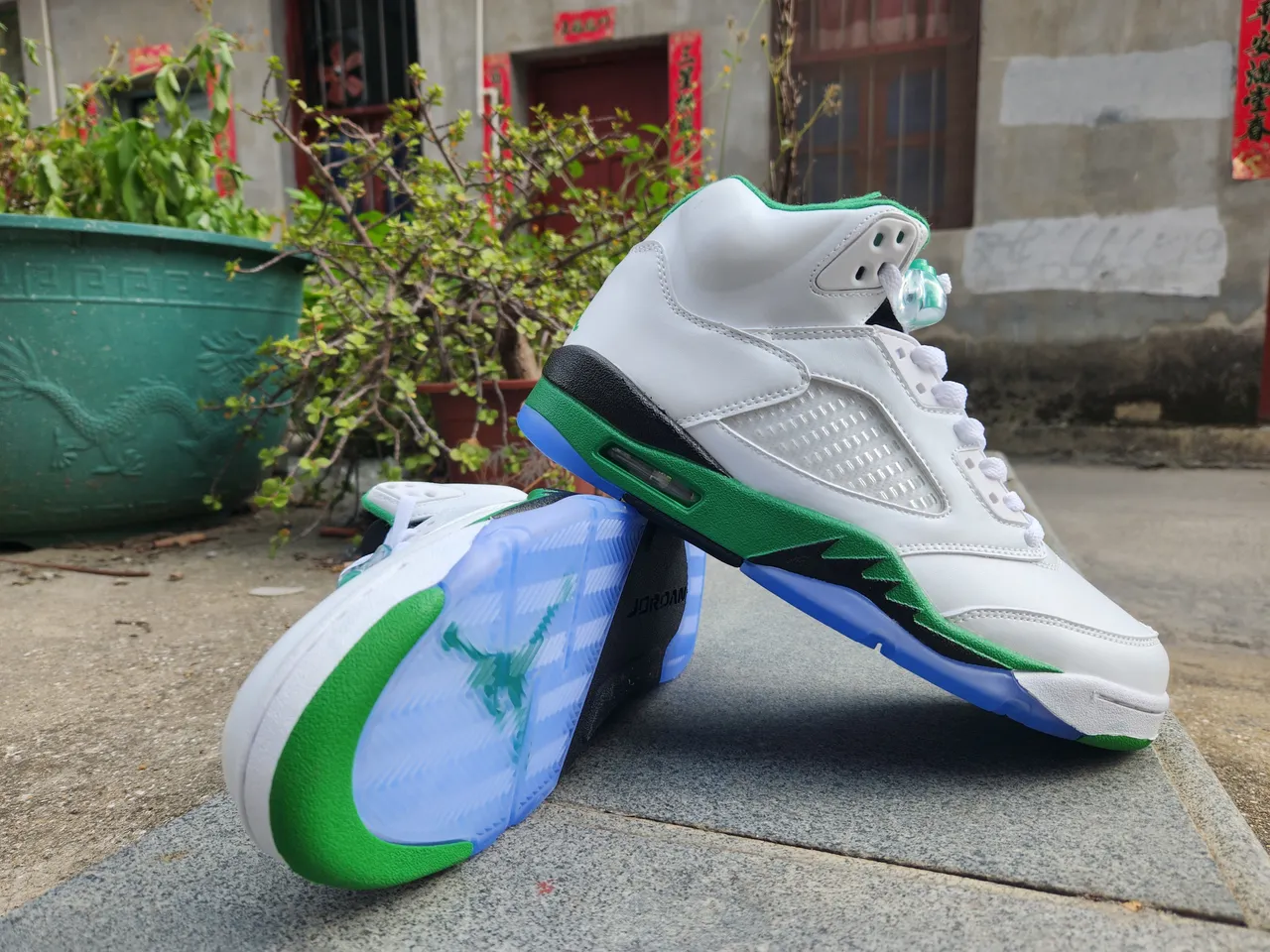 Tênis de basquete Air Jordan 5 branco verde preto azul 5
