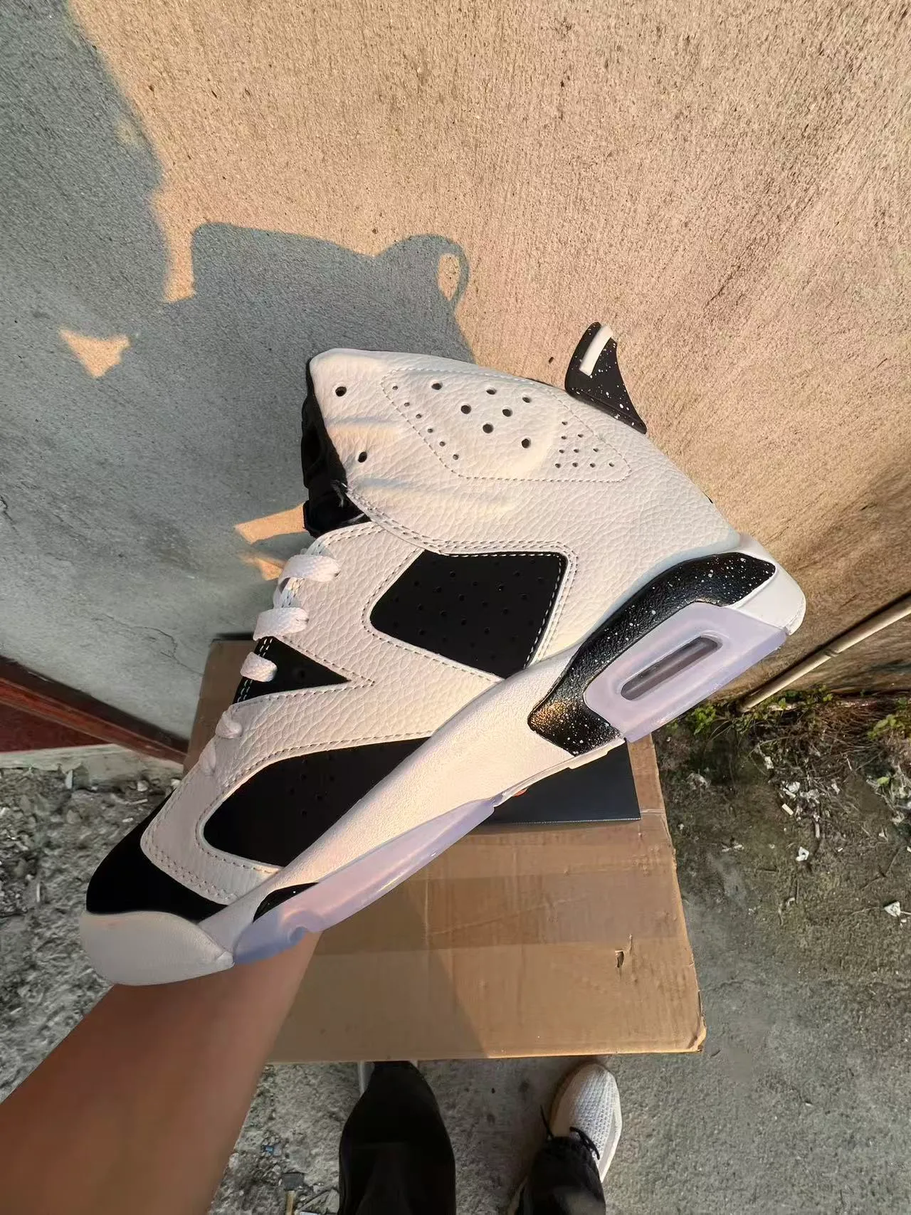 Zapatillas de baloncesto Air Jordan 6 en blanco y negro con entresuela moteada 5