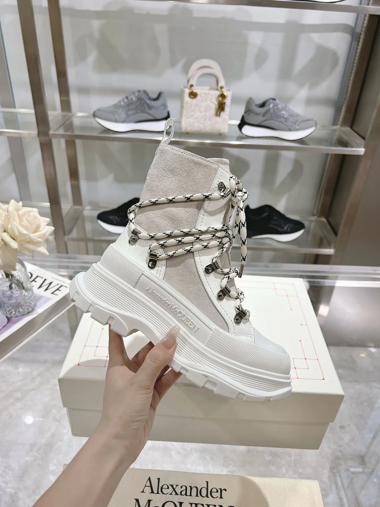 Alexander McQueen Oversized Sneaker Gray White Platform Sole Mixed Suede And Textile Upper Ankle Boots 2