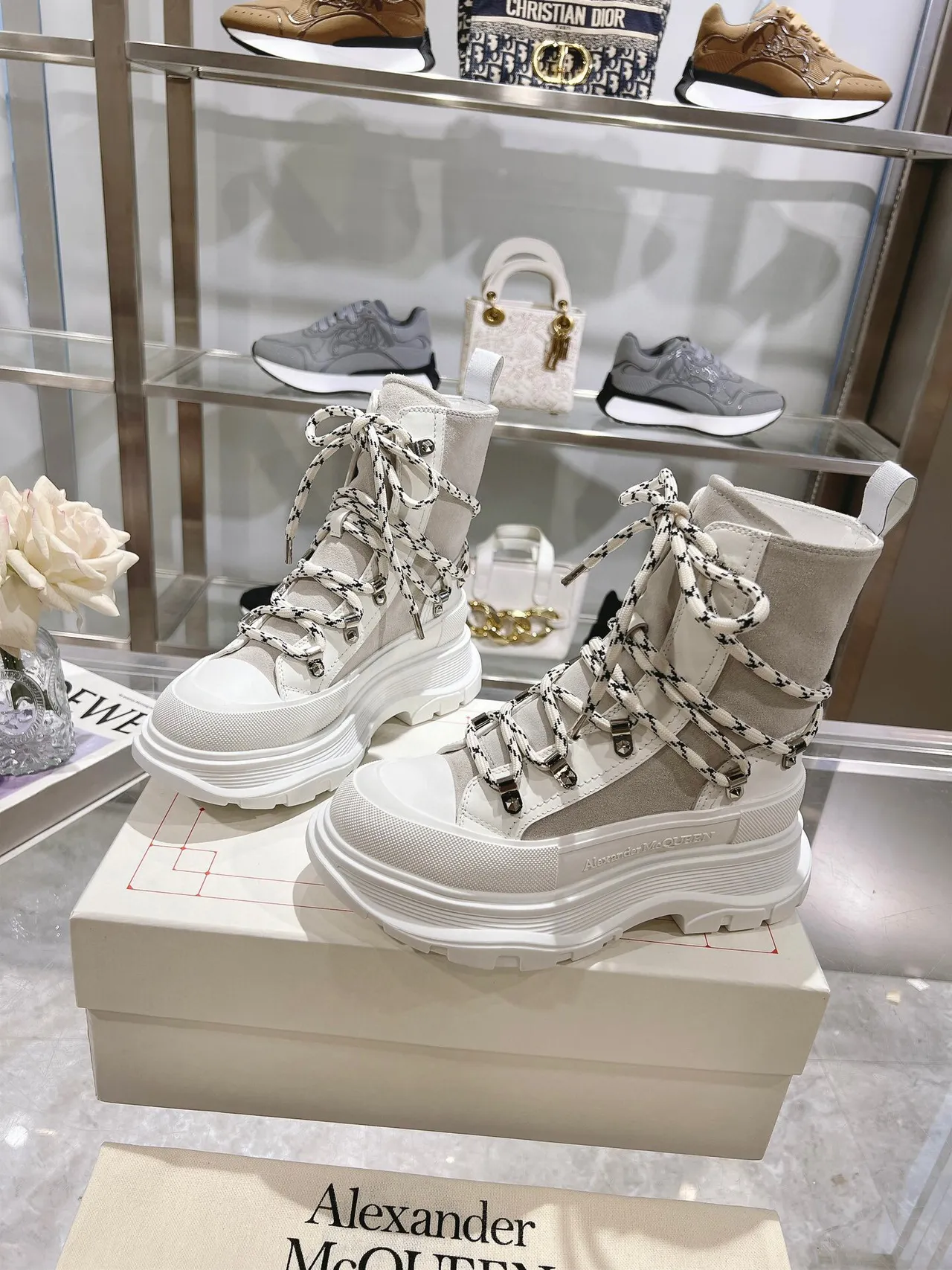 Alexander McQueen Oversized Sneaker Gray White Platform Sole Mixed Suede And Textile Upper Ankle Boots 3