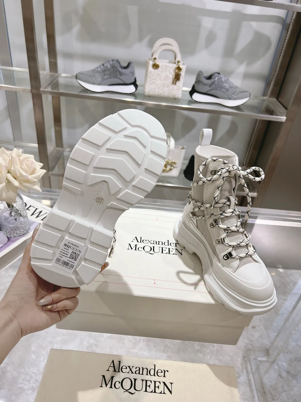Alexander McQueen Oversized Sneaker Gray White Platform Sole Mixed Suede And Textile Upper Ankle Boots 6