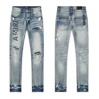 Amiri Distressed Logo-Print Light Blue Paint-Splatter Slim-Fit Jeans