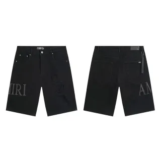 Amiri Embroidered Distressed Black Denim Shorts