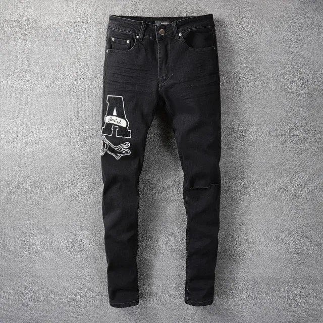 Amiri Calça Jeans Preta Slim-Fit Bordada Gráfica 17