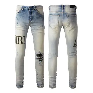 Amiri Skel Top Blue Beige Distressed Slim-Fit Jeans