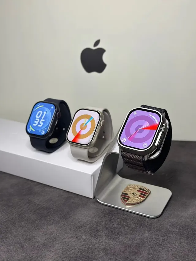 Apple Watch Noir Beige Boîtier Rectangulaire Arrondi Bandes Sportives Tissées Montre Sport 8