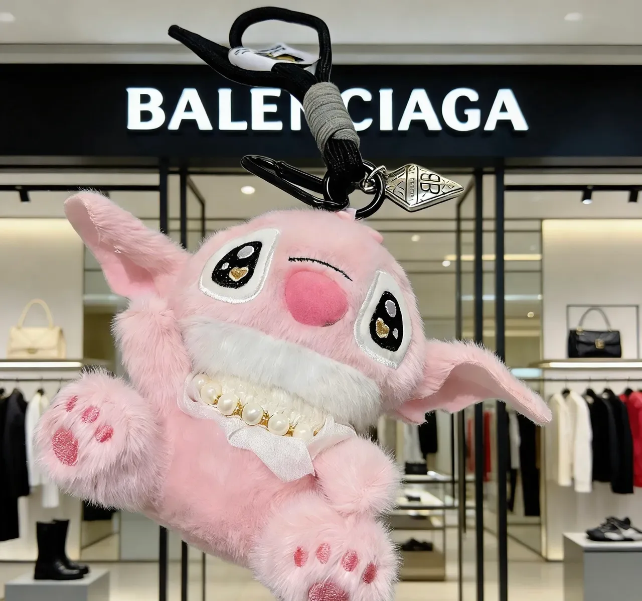 Balenciaga BB Logo Rose Blanc Personnage Peluche Col Nœud Satin Sac à Main 3