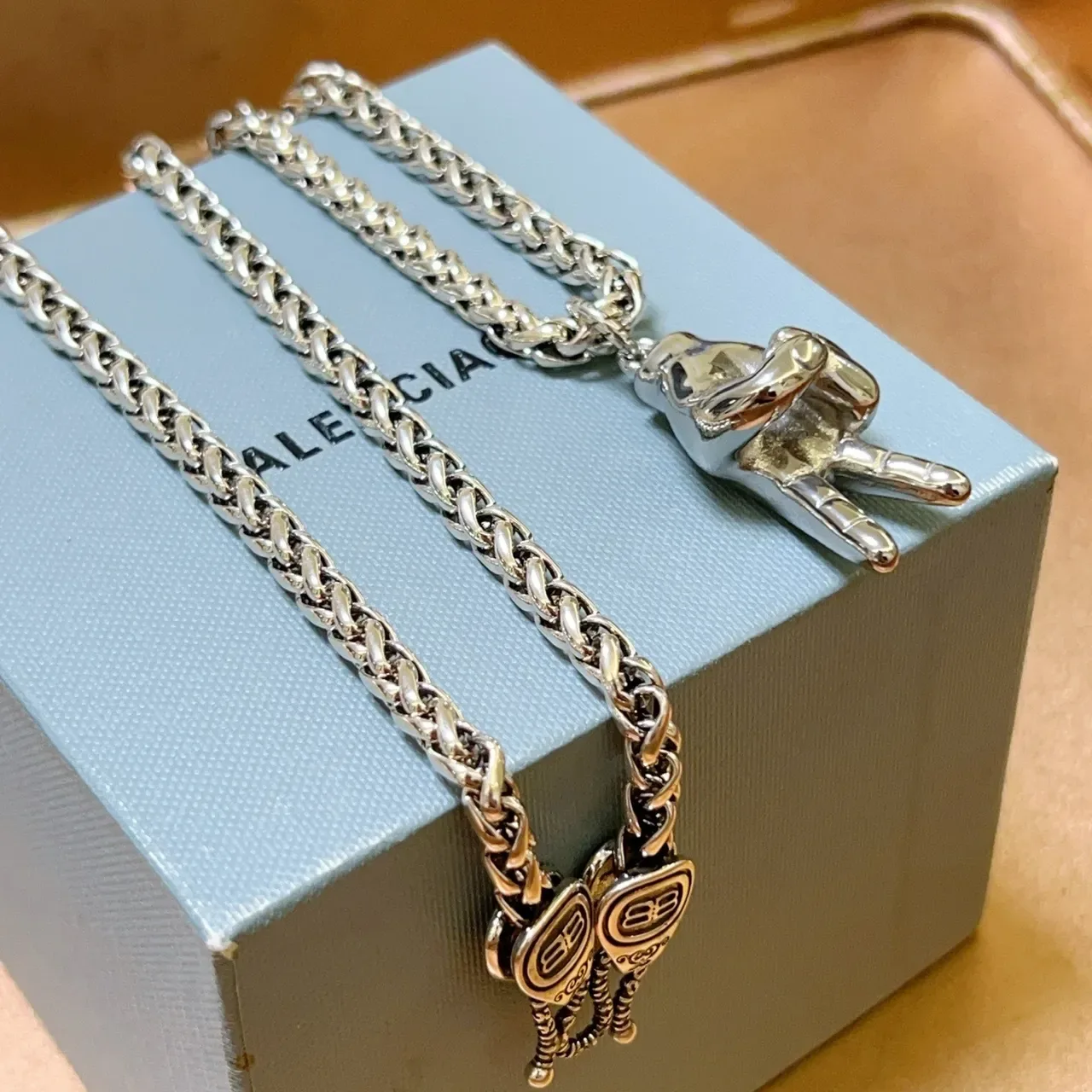 Balenciaga Peace Sign Hand Silver Chunky Curb Chain Sculptural Pendant Necklace 3