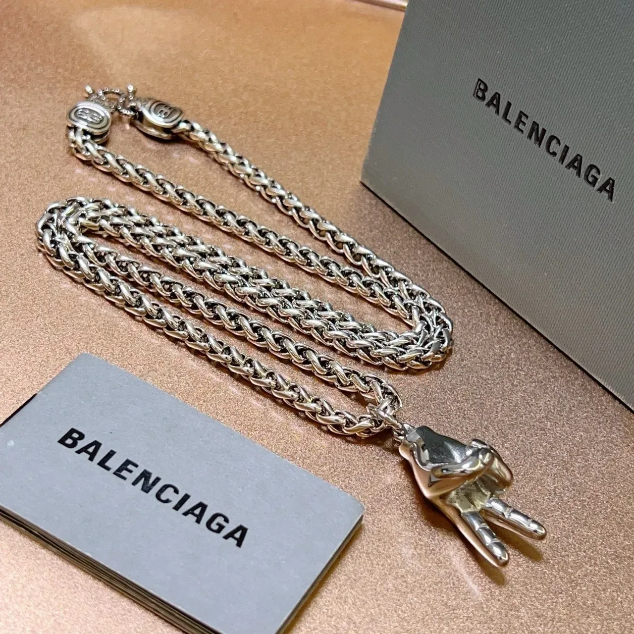 Balenciaga Peace Sign Hand Silver Chunky Curb Chain Sculptural Pendant Necklace 4