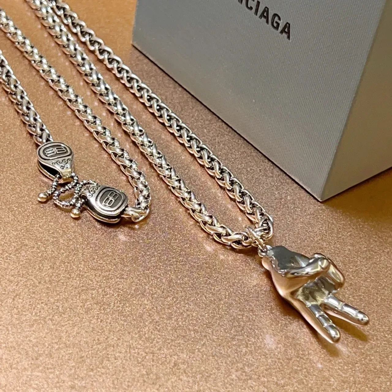 Balenciaga Peace Sign Hand Silver Chunky Curb Chain Sculptural Pendant Necklace 6