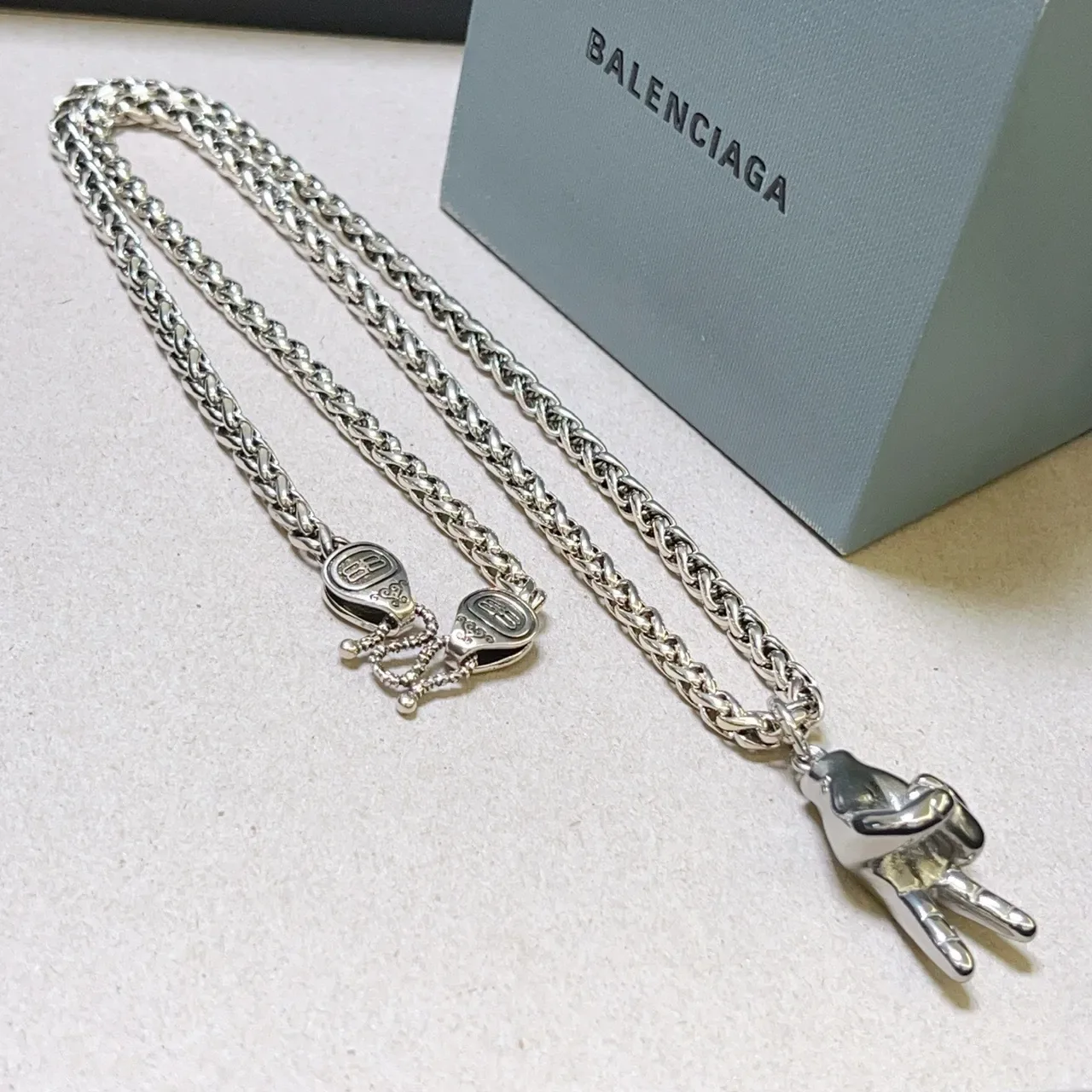 Balenciaga Peace Sign Hand Silver Chunky Curb Chain Sculptural Pendant Necklace 7