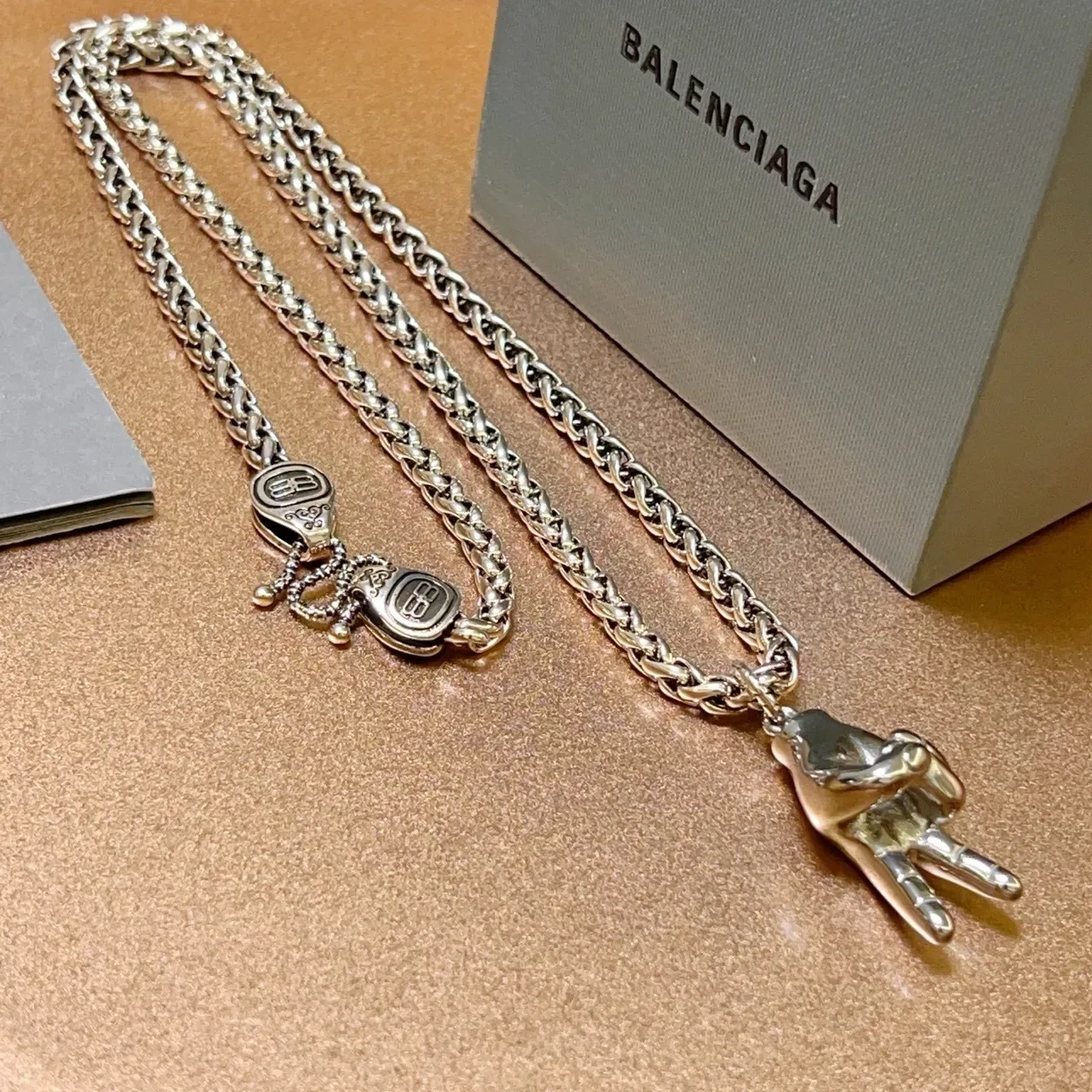 Balenciaga Peace Sign Hand Silver Chunky Curb Chain Sculptural Pendant Necklace 9
