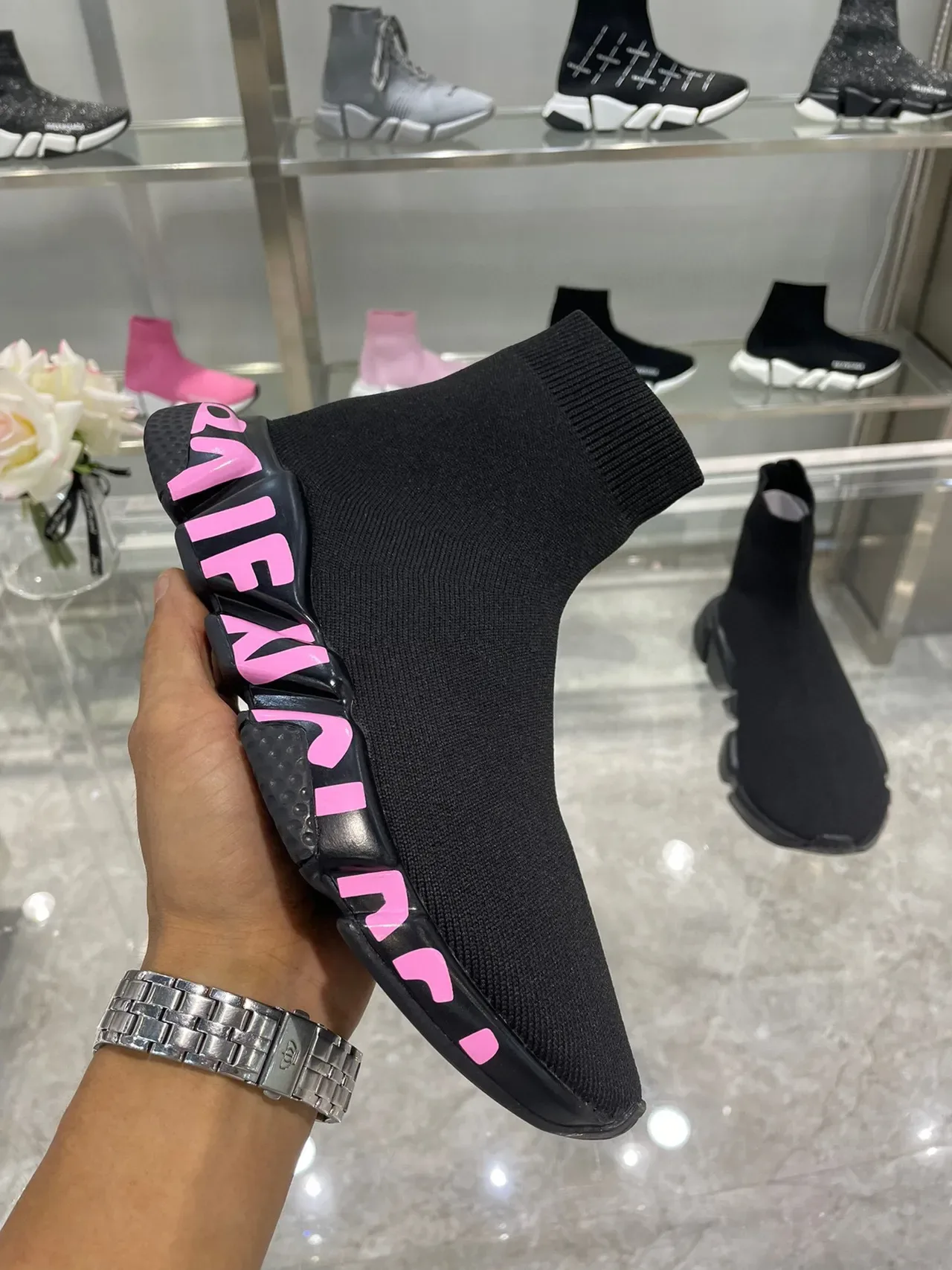 Balenciaga Speed Trainer أسود وردي جزء أعلى من النسيج المريح للقدمين الحذاء المطاطي المصمم تنس الستايل الحياة 3