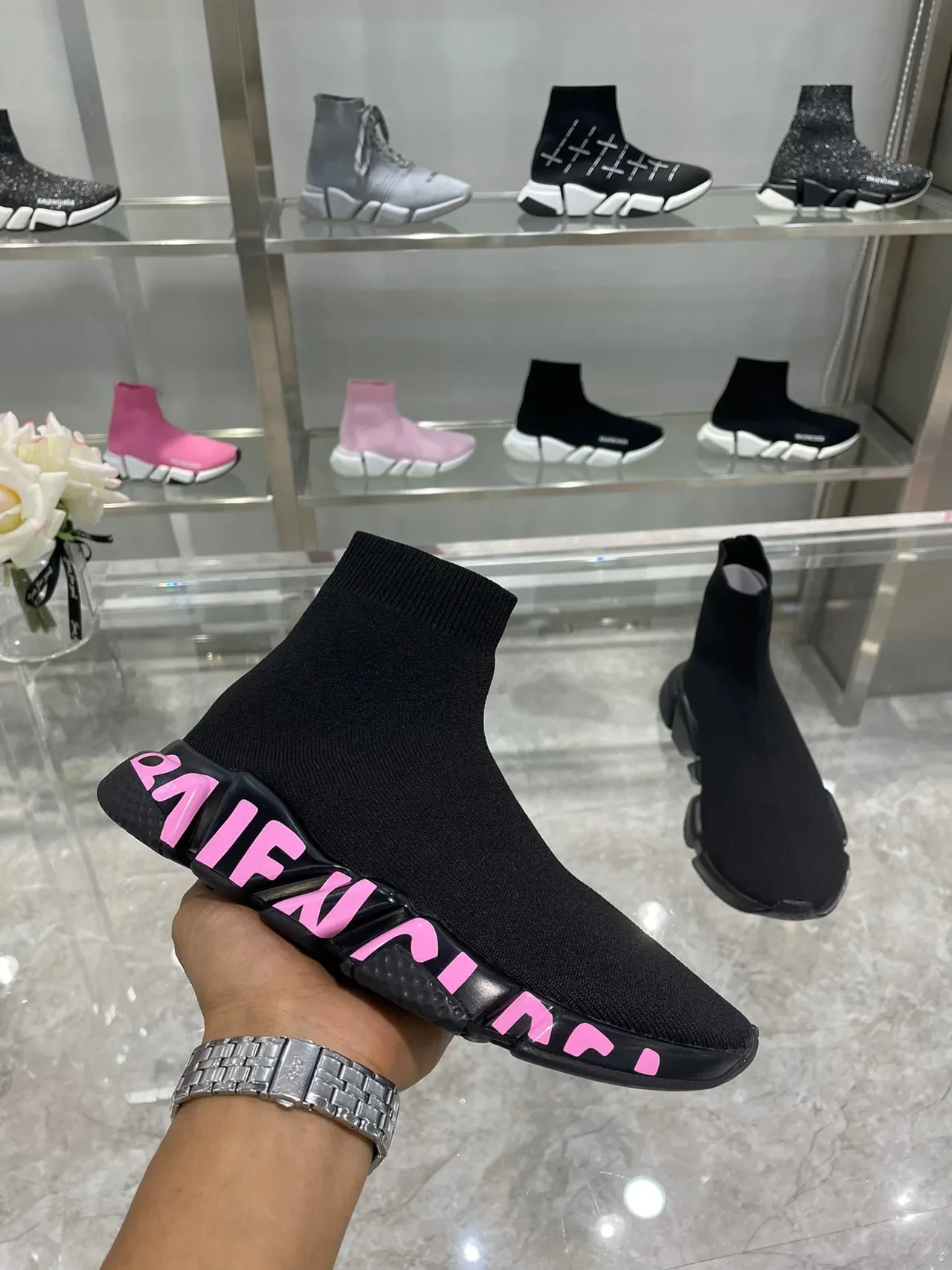 Balenciaga Speed Trainer أسود وردي جزء أعلى من النسيج المريح للقدمين الحذاء المطاطي المصمم تنس الستايل الحياة 4