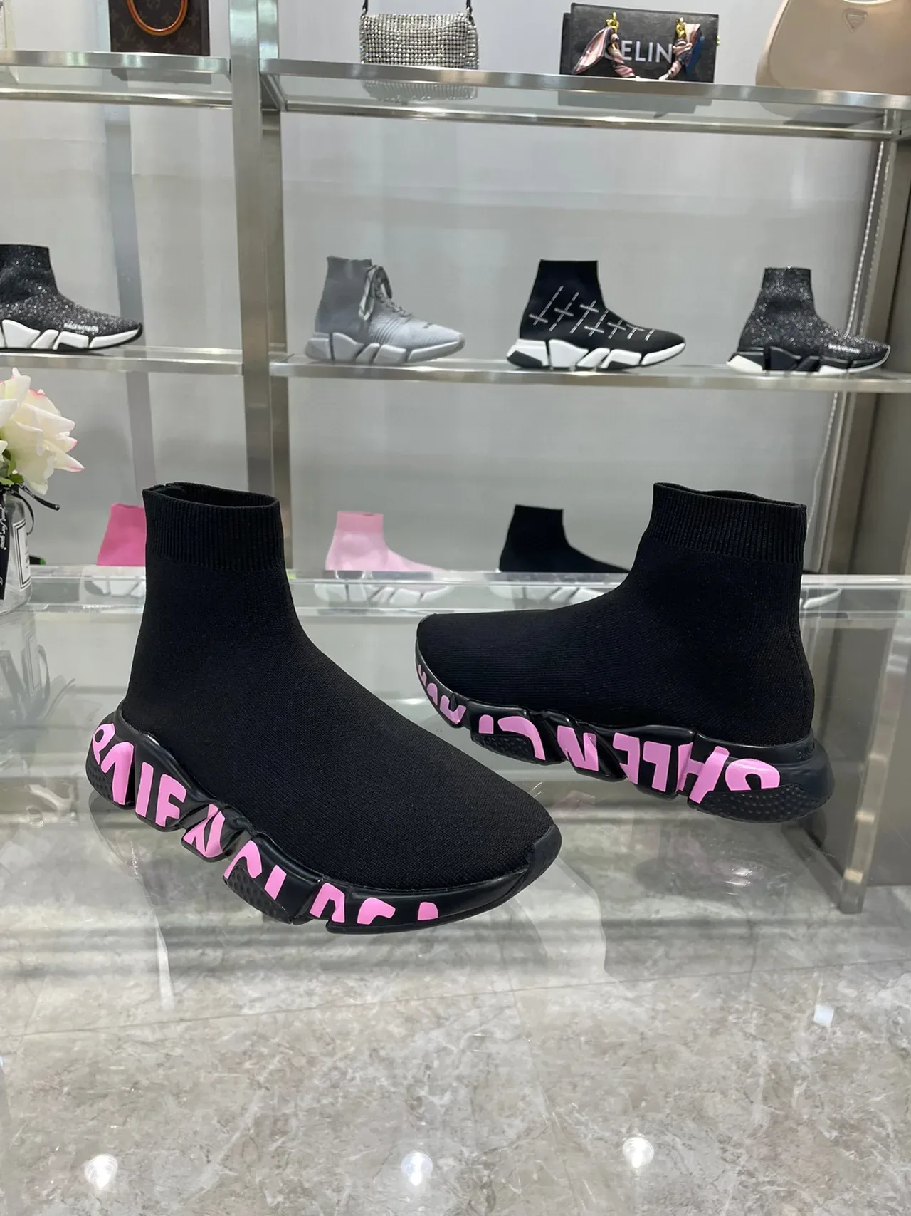 Balenciaga Speed Trainer أسود وردي جزء أعلى من النسيج المريح للقدمين الحذاء المطاطي المصمم تنس الستايل الحياة 6