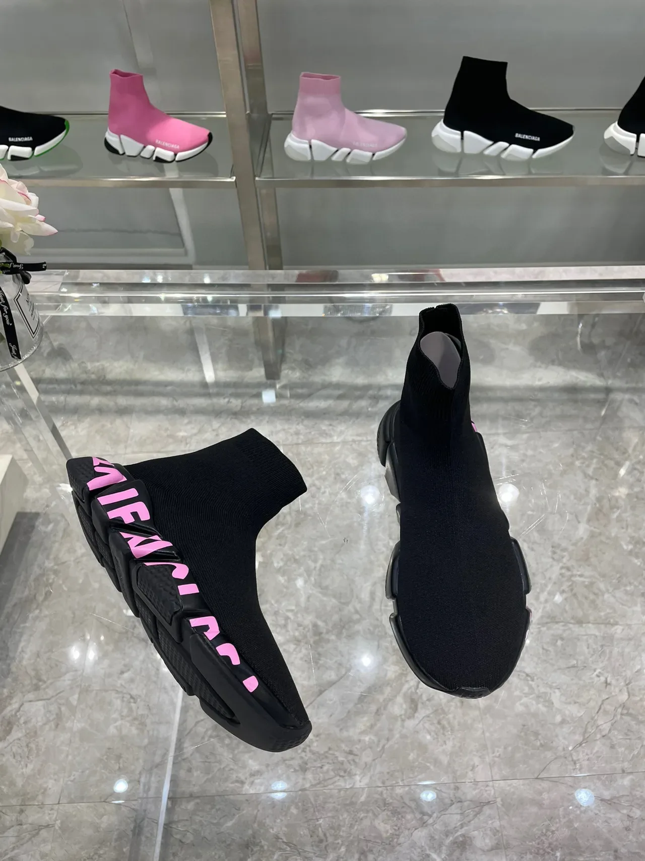 Balenciaga Speed Trainer أسود وردي جزء أعلى من النسيج المريح للقدمين الحذاء المطاطي المصمم تنس الستايل الحياة 7
