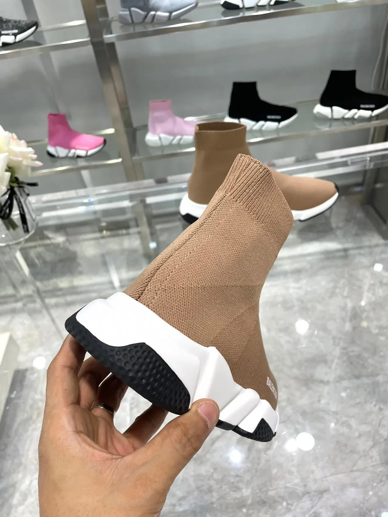 Balenciaga Speed Trainer Tan Knit Sock-Fit Lifestyle Sneakers 3