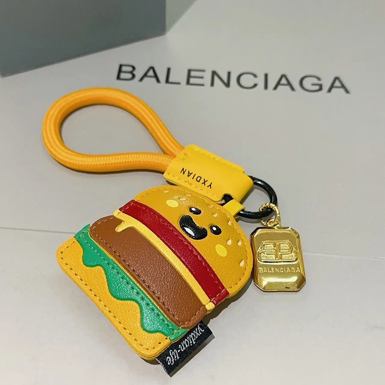Balenciaga Yellow Multicolor Hamburger-Shaped Leather Keychain Cartoon Face Detail Phone Accessory 5