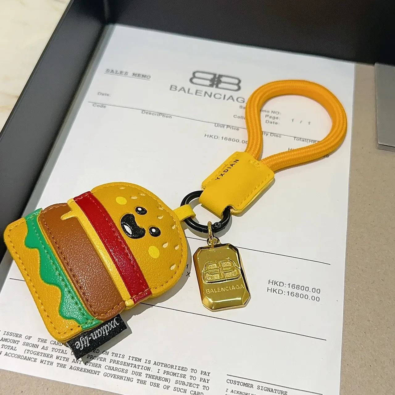Balenciaga Yellow Multicolor Hamburger-Shaped Leather Keychain Cartoon Face Detail Phone Accessory 6