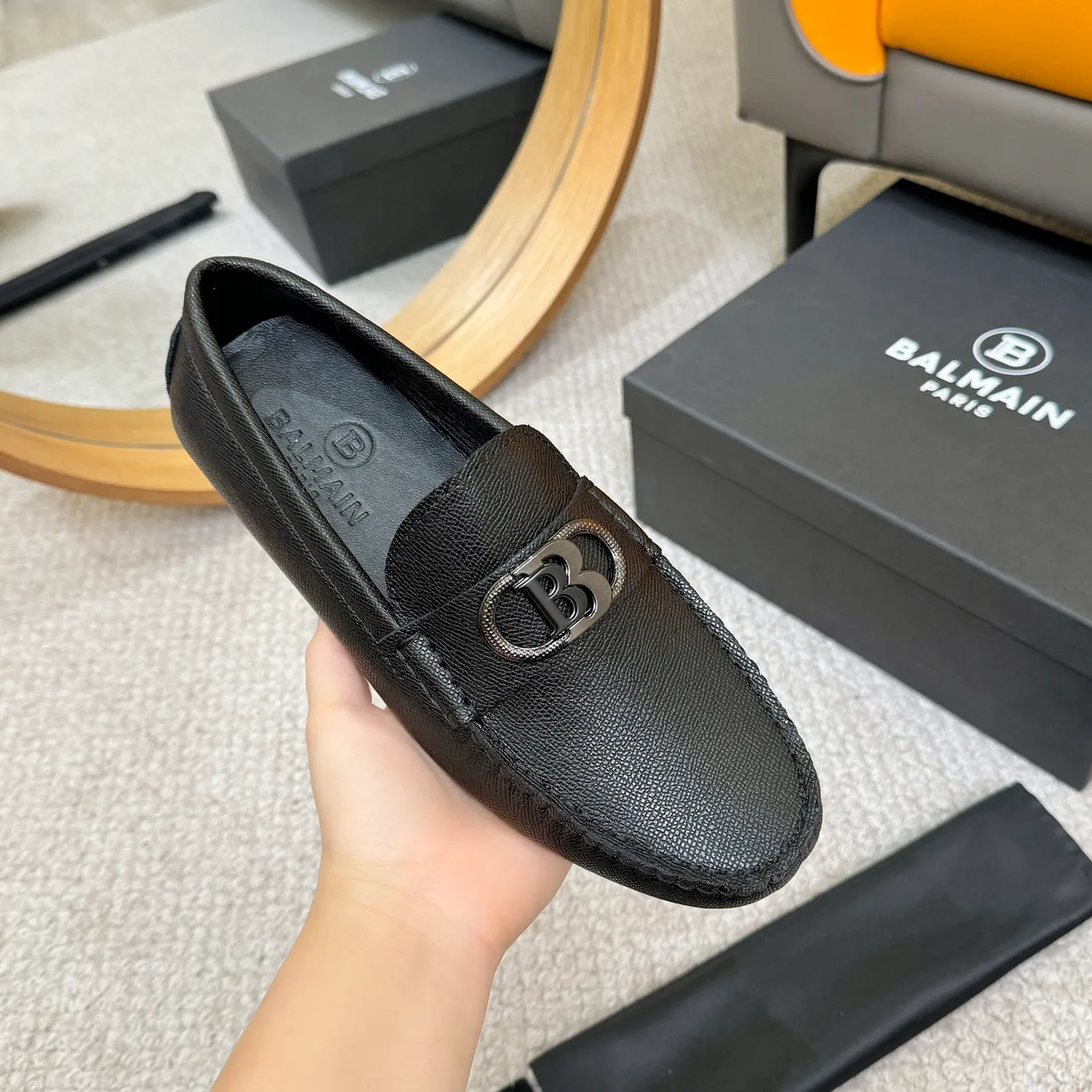 Balmain B-Court Mocasines de Cuero Negro Granulado 5