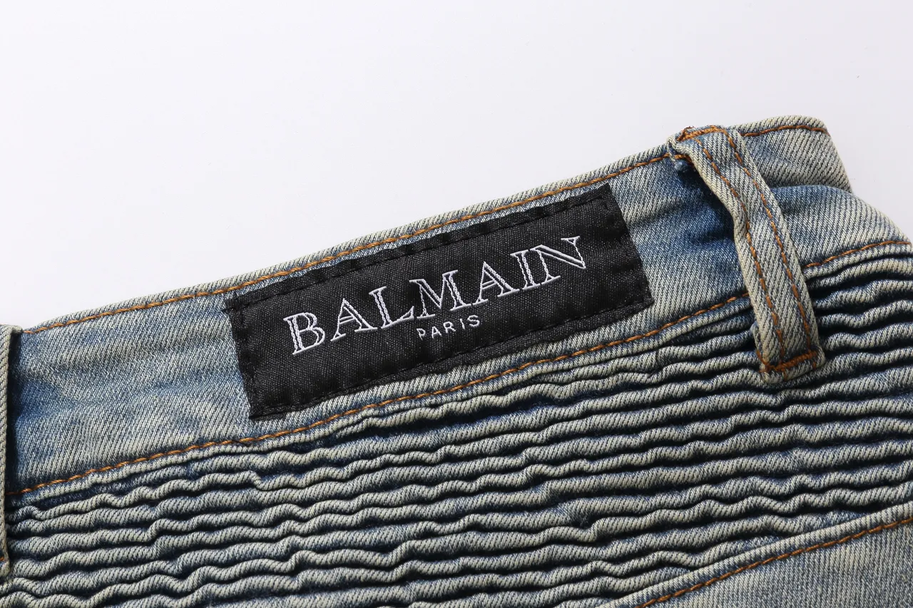 Balmain Moto-Panel شورتات جين أزرق فاتح ممزق 3