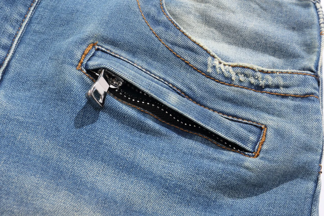 Balmain Moto-Panel شورتات جين أزرق فاتح ممزق 12