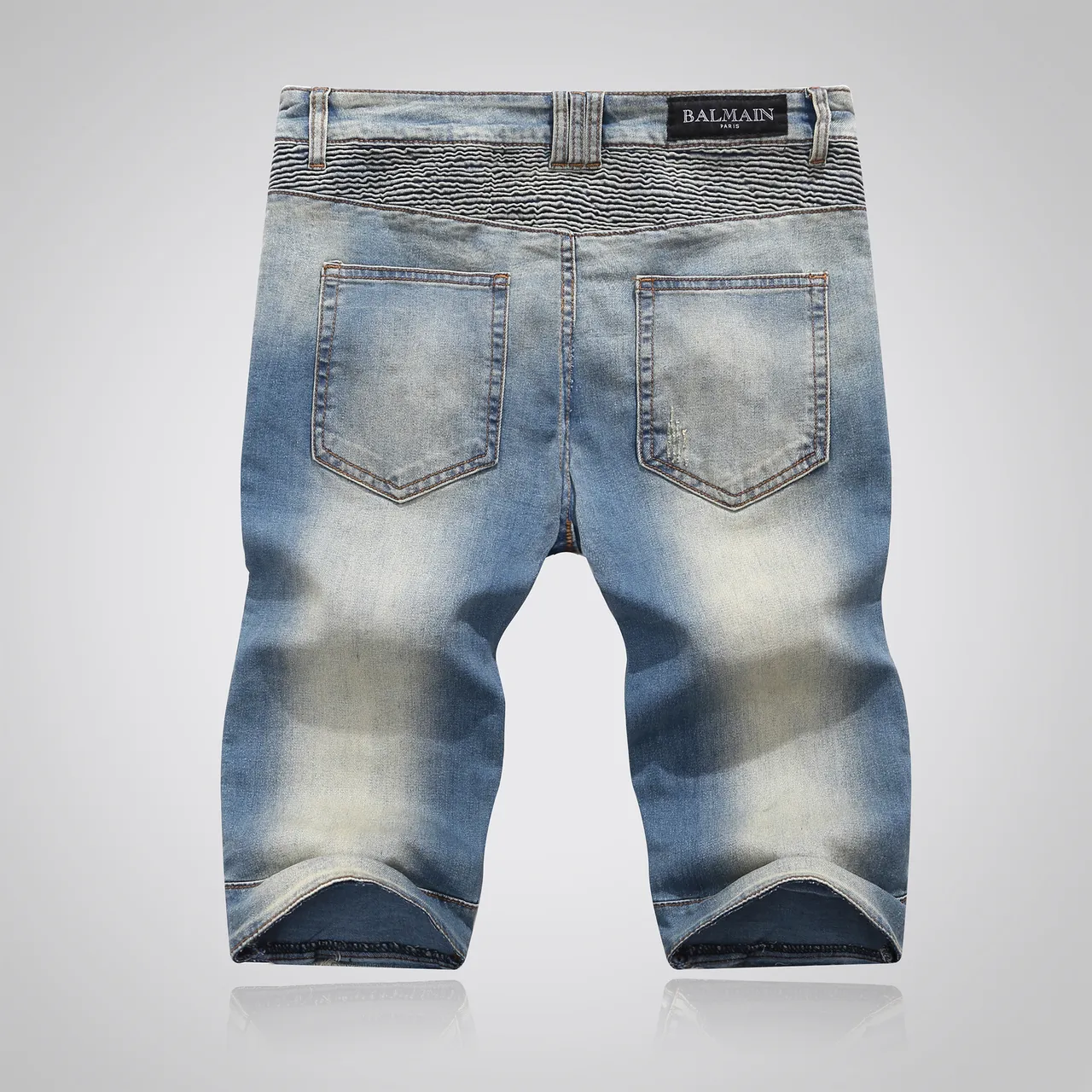 Balmain Moto-Panel شورتات جين أزرق فاتح ممزق 15
