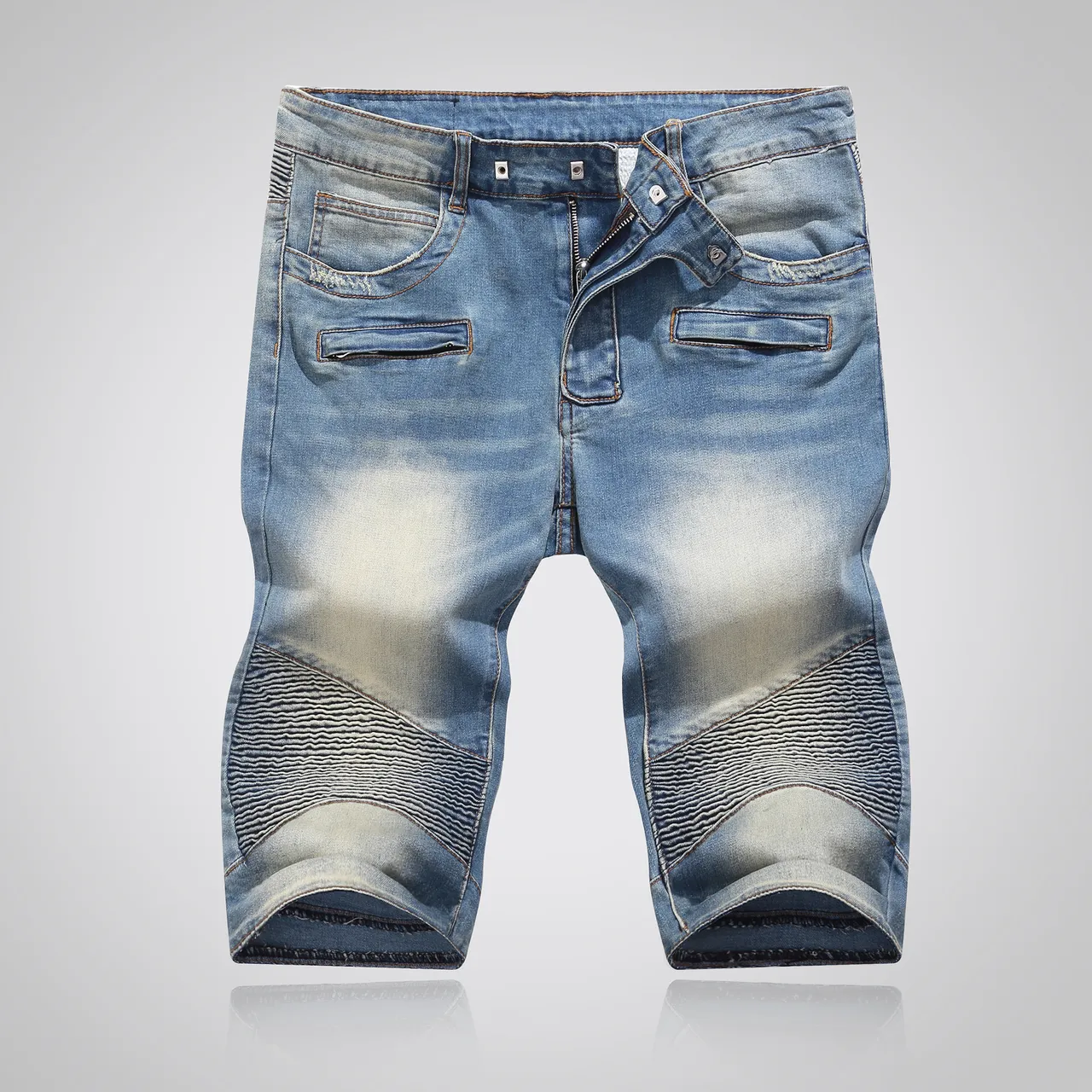 Balmain Moto-Panel شورتات جين أزرق فاتح ممزق 16