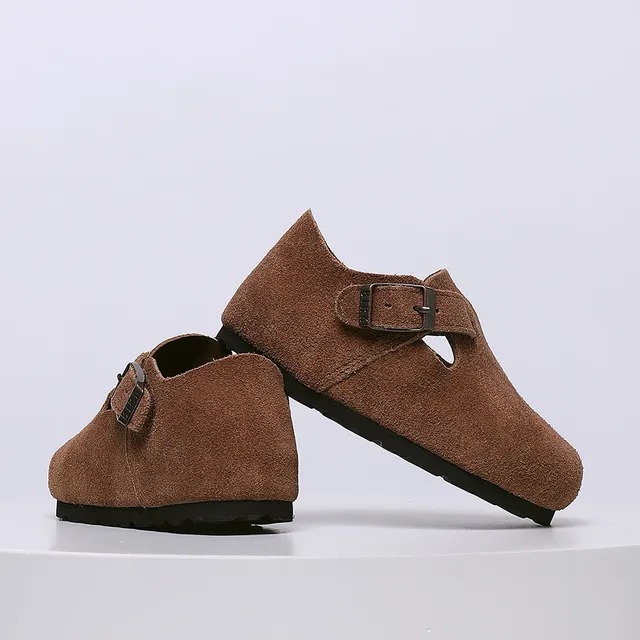 Birkenstock Mocassin de Suède Beige Noir avec Boucle Unique 10