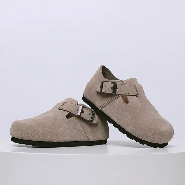 Birkenstock Mocassin de Suède Beige Noir avec Boucle Unique 18