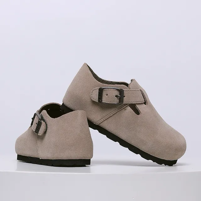 Birkenstock Mocassin de Suède Beige Noir avec Boucle Unique 19
