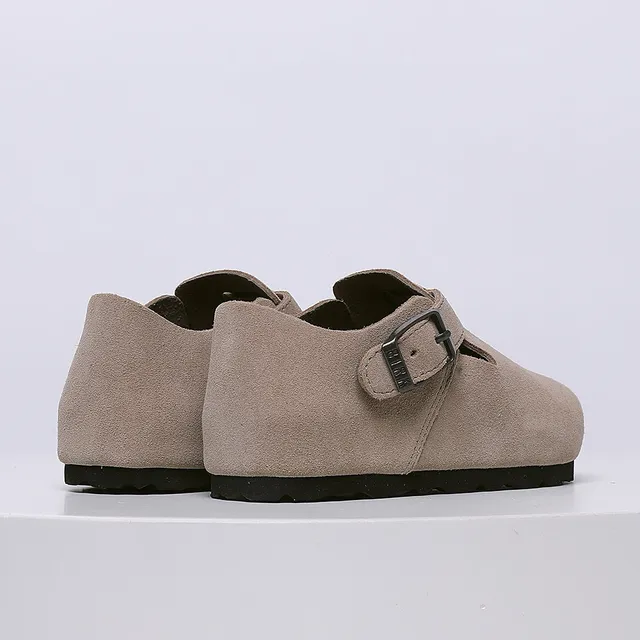 Birkenstock Mocassin de Suède Beige Noir avec Boucle Unique 20