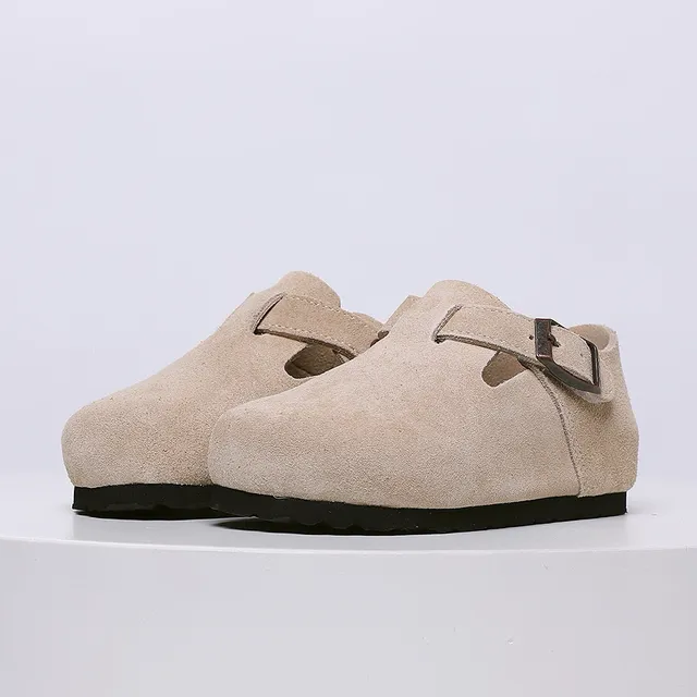 Birkenstock Mocassin de Suède Beige Noir avec Boucle Unique 22