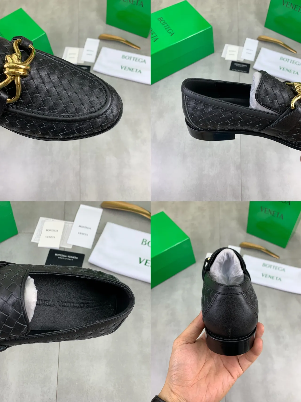 Bottega Veneta Noir Or Intrecciato Cuir Tissé Boucle Cheval Mocassin 2