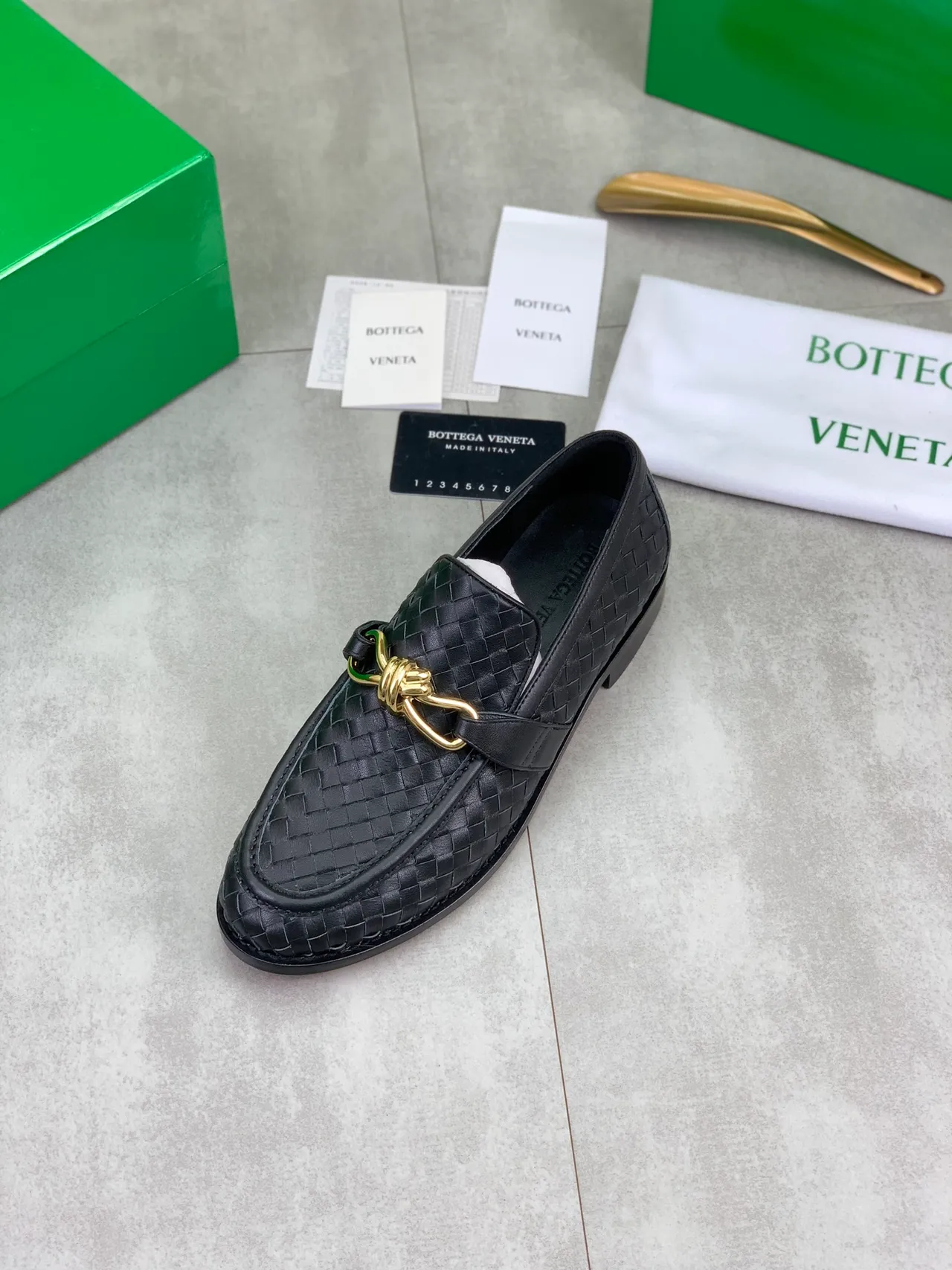 Bottega Veneta Noir Or Intrecciato Cuir Tissé Boucle Cheval Mocassin 4