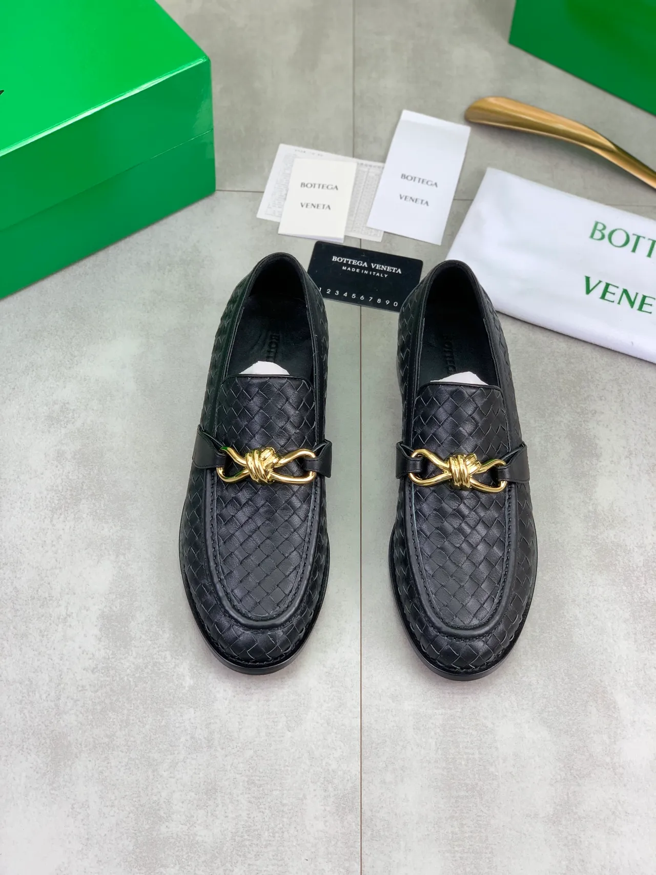 Bottega Veneta Noir Or Intrecciato Cuir Tissé Boucle Cheval Mocassin 5