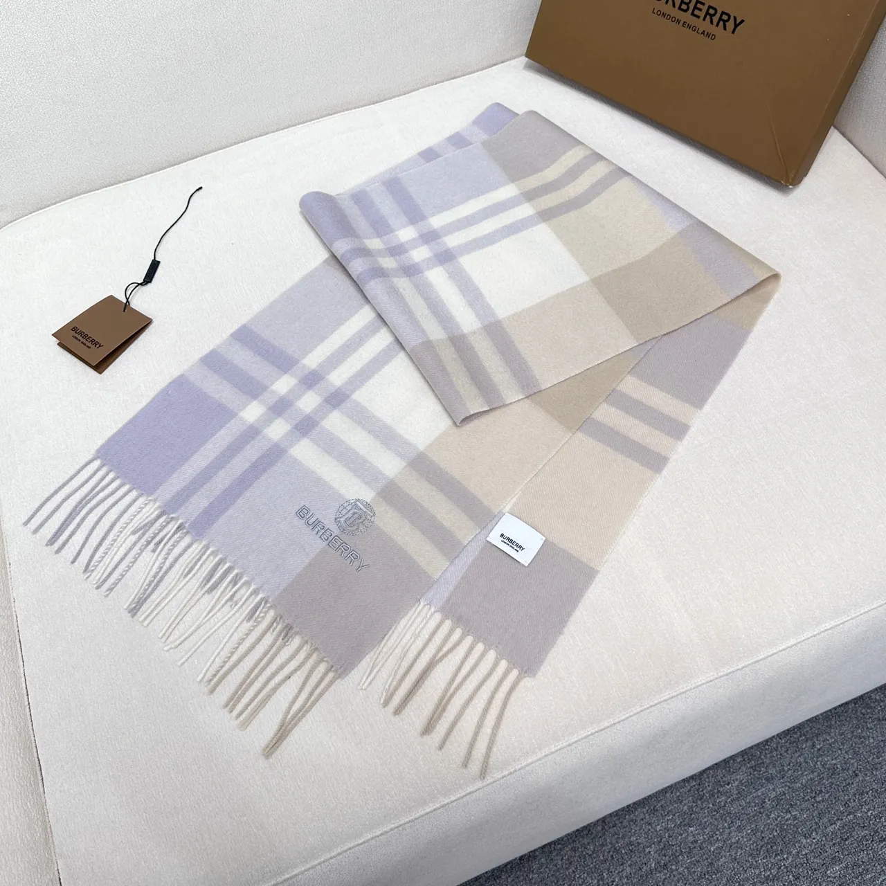 Burberry Beige Purple Plaid Check Fringed Ends Cashmere Scarf 3