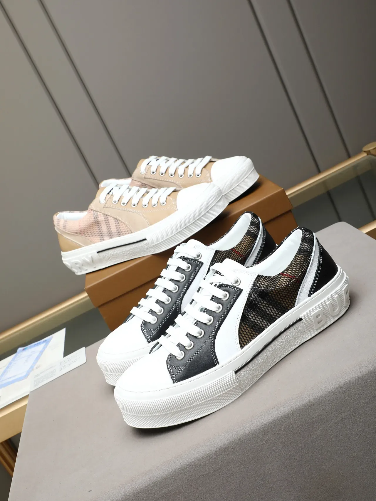 Burberry Knight Beige Check Mesh and Suede Platform Lifestyle Sneakers 2