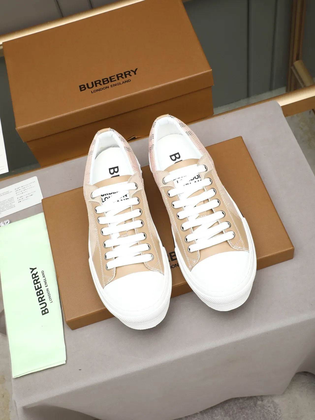 Burberry Knight Beige Check Mesh and Suede Platform Lifestyle Sneakers 3