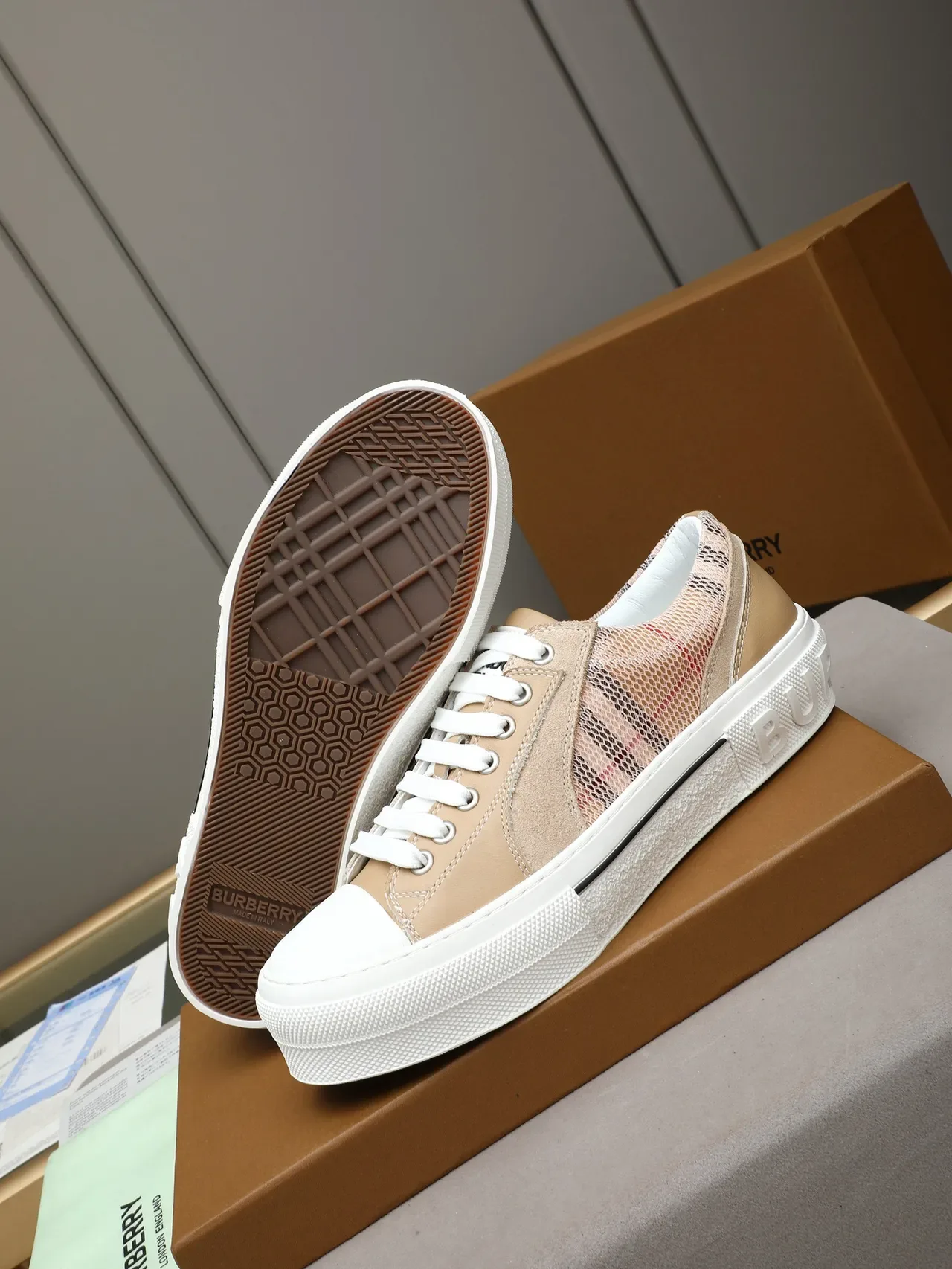 Burberry Knight Beige Check Mesh and Suede Platform Lifestyle Sneakers 4