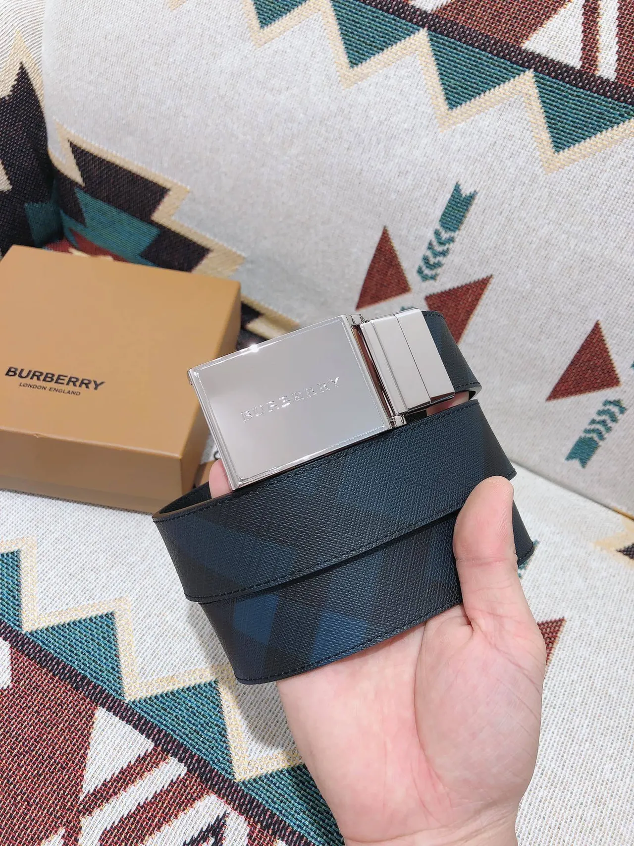 Burberry Knight Navy House Check Leather Belt 2