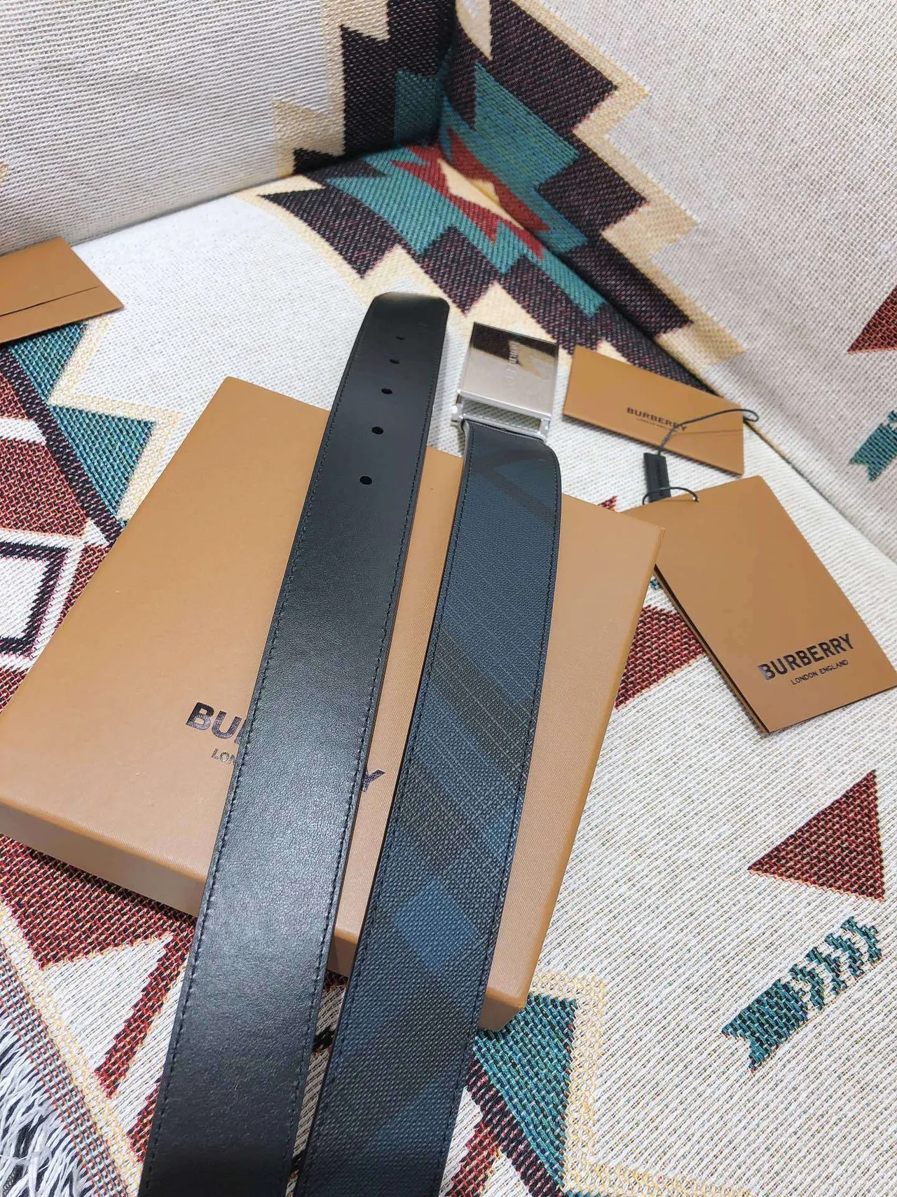Burberry Knight Navy House Check Leather Belt 3
