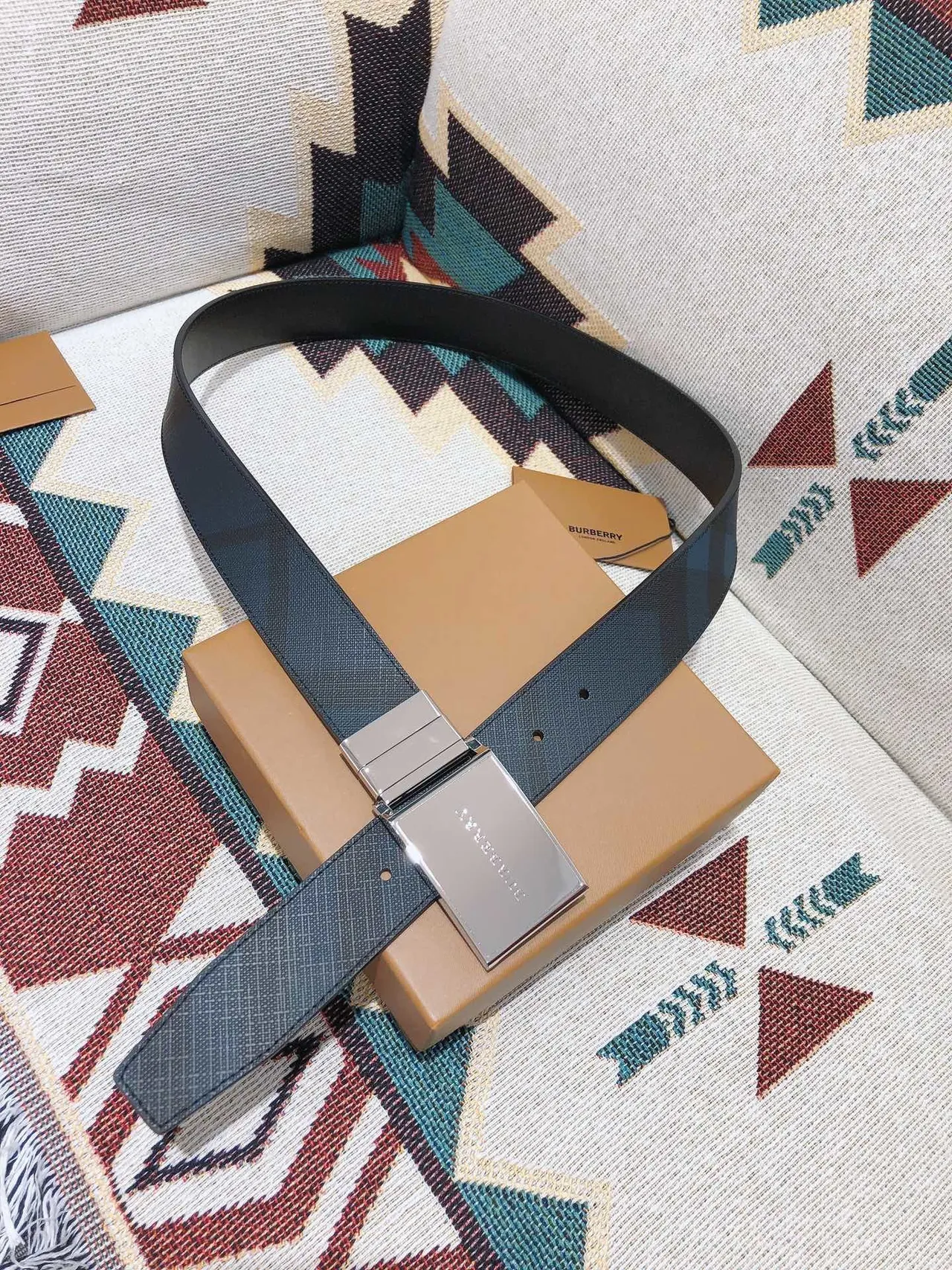 Burberry Knight Navy House Check Leather Belt 4