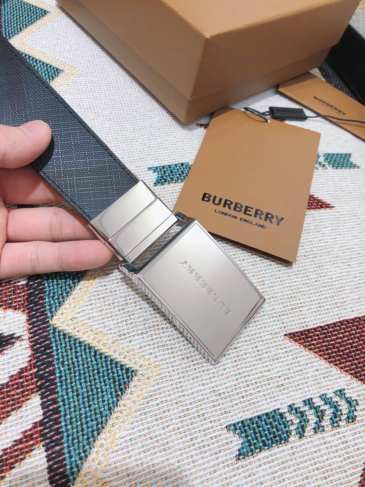 Burberry Knight Navy House Check Leather Belt 6