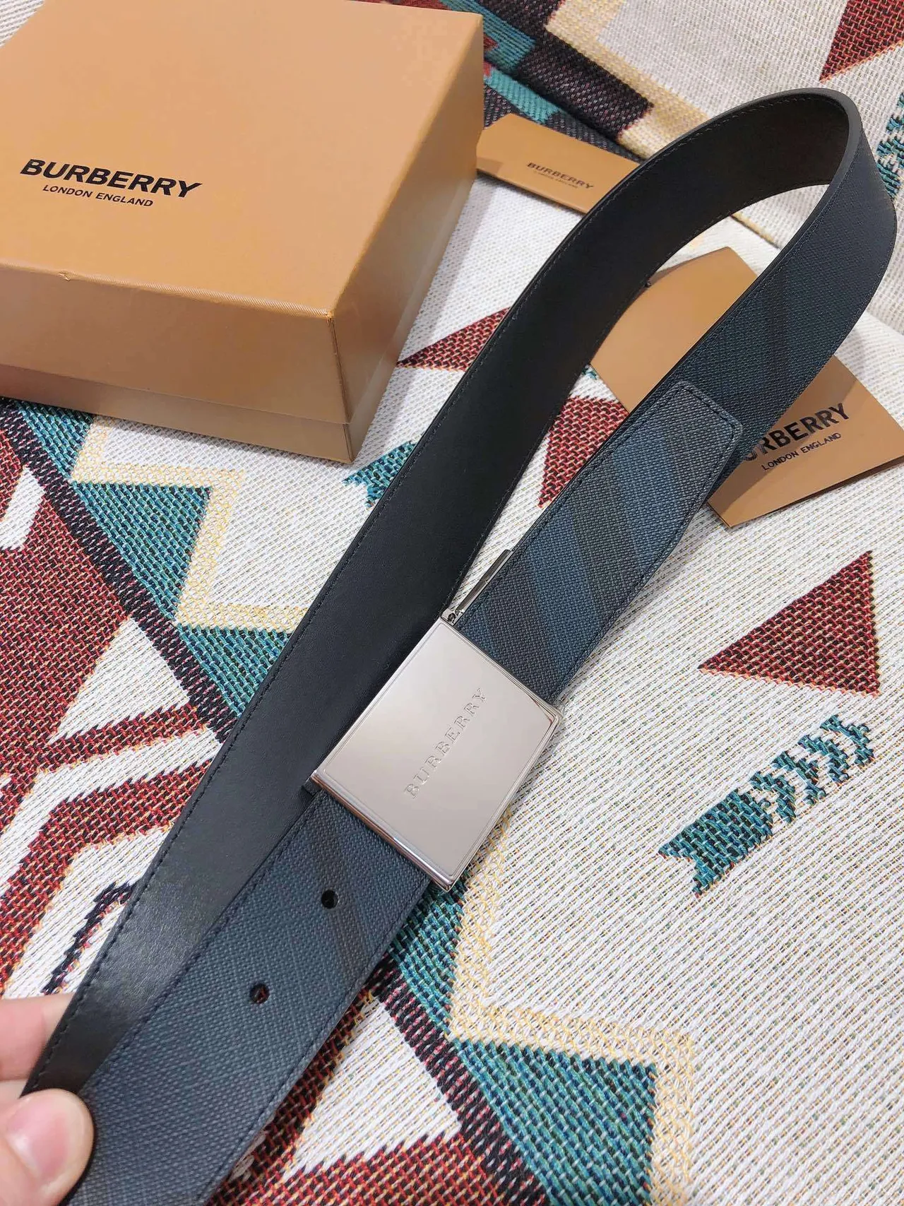 Burberry Knight Navy House Check Leather Belt 7